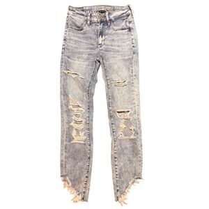 American Eagle Hi-Rise Jegging Crop Distressed Acid Wash Step Hem Jeans 00 Short